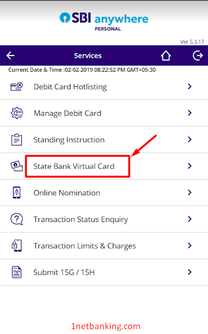 tap on state bank virtual card option from sbi anywhere app