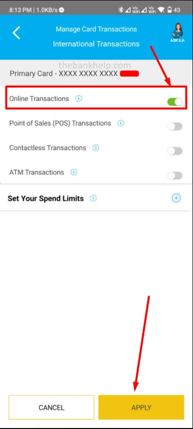 enable international trasnaction on sbi card using app