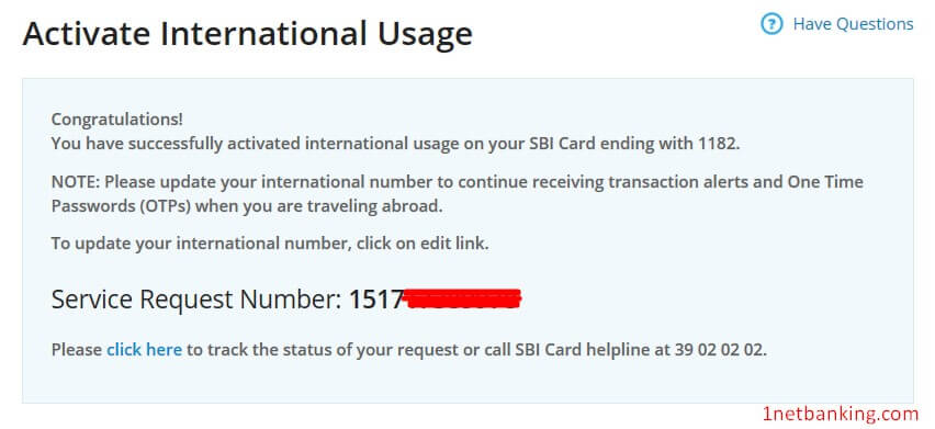 sbi card activation successful message