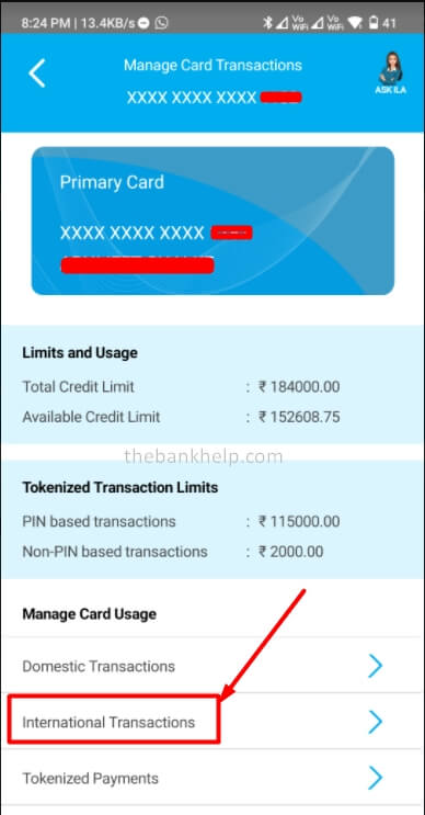 select international transactions option in sbi card app