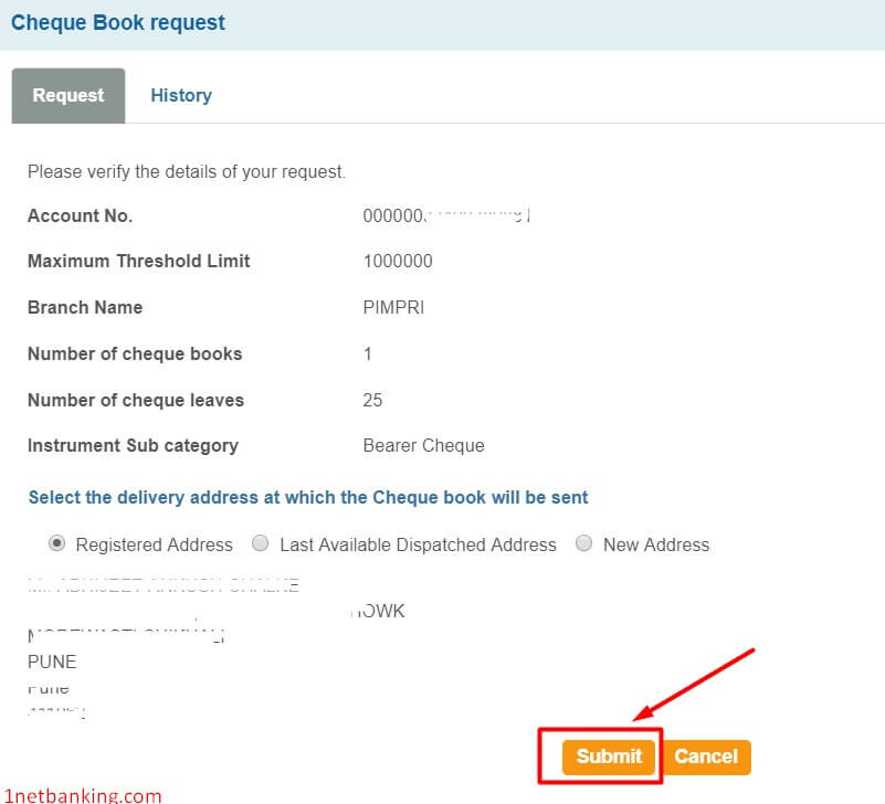 select address to get new sbi chequebook