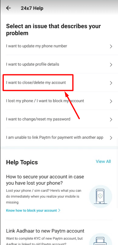 click on close paytm account option
