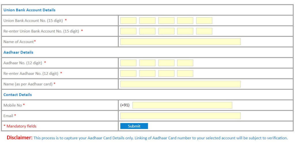 union bank aadhar link by visiting website