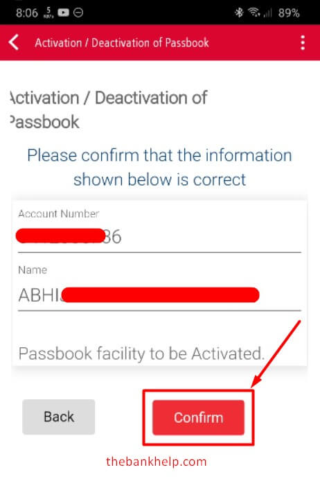 click on confirm button to apply for passbook