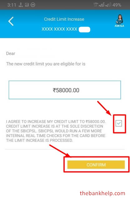 sbi card credit limit increase notification