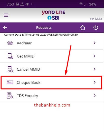 select Cheque book option