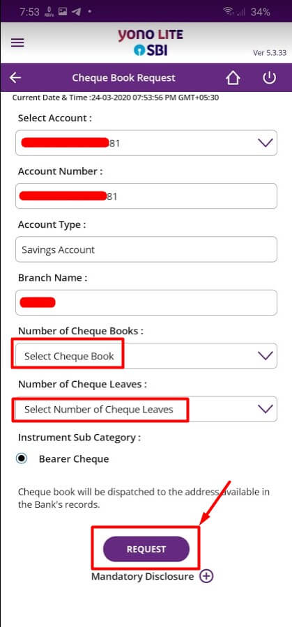 select number of cheque leaves and click on request