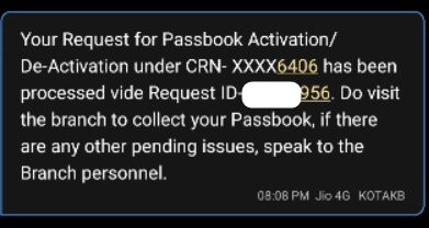 Kotak bank passbook request online sms confirmation