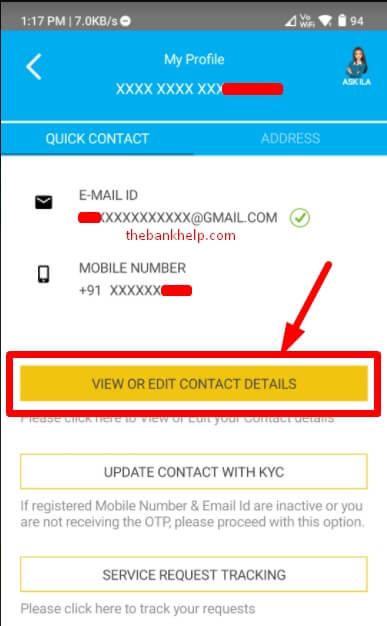 click on edit contact in sbi card app