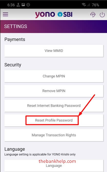 click on reset sbi profile password