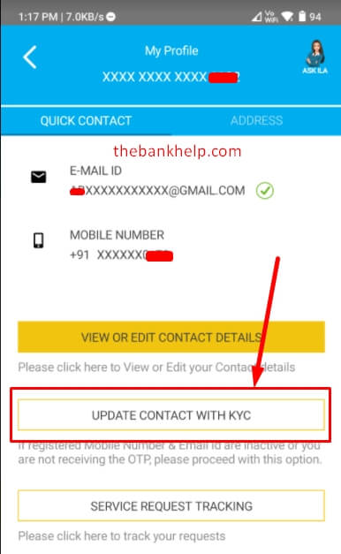click on update contact with kyc in sbi card app