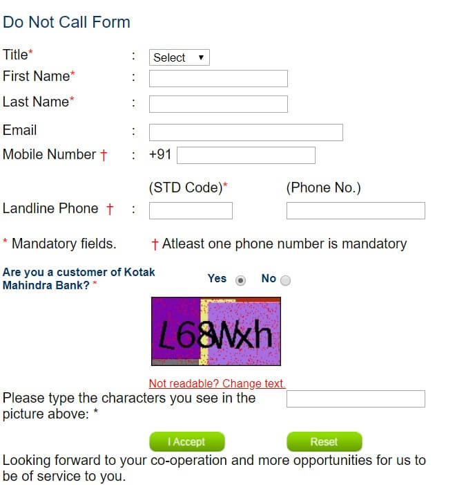 fill the form for do not call