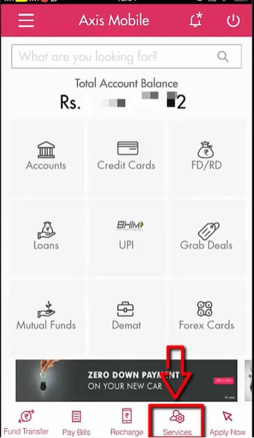 click on services in axis mobile app
