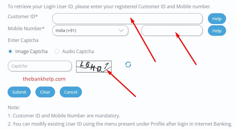 enter canara customer id and mobile number