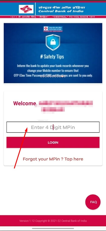 enter mpin to login to cent m passbook app