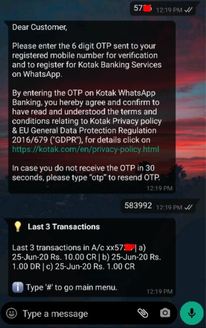 enter the otp to get mini statement on whatsapp