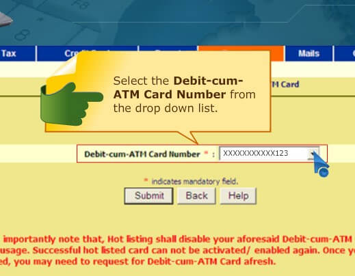 select the debit card from list and submit