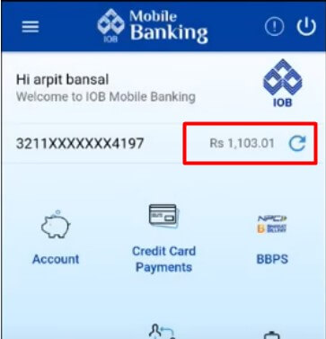 iob account balance on iob mobile app