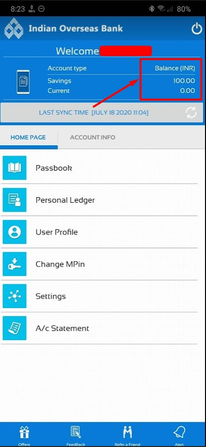 iob bank account balance on mpassbook app