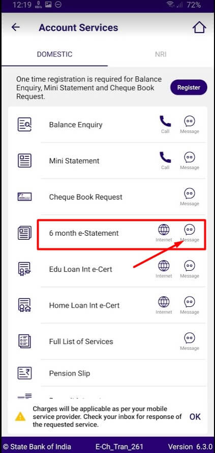 select 6 month e statement via sms
