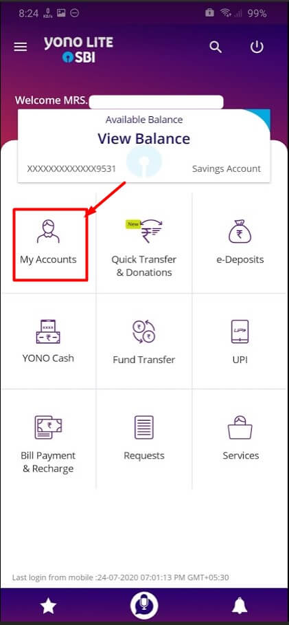 select My accounts in yono lite app