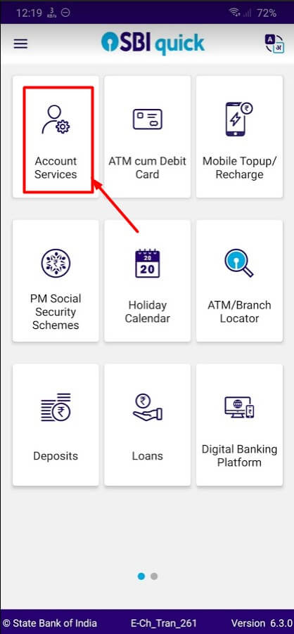 select account services in sbi quick app