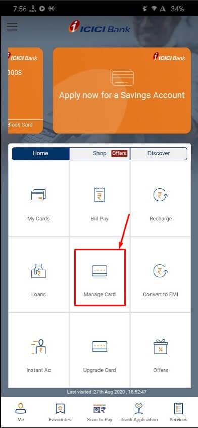 click on manage card in imobile app