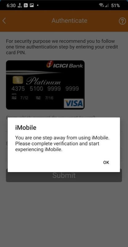 enter the card pin to complete verification for imobile activation