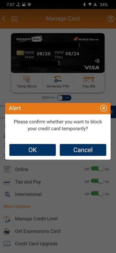 select ok to block icici credit card temporarily1