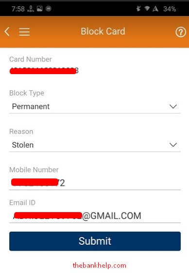 select reason for icici credit card block