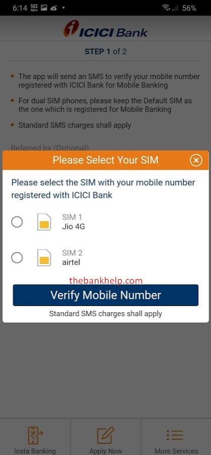select sim to activate icici mobile banking