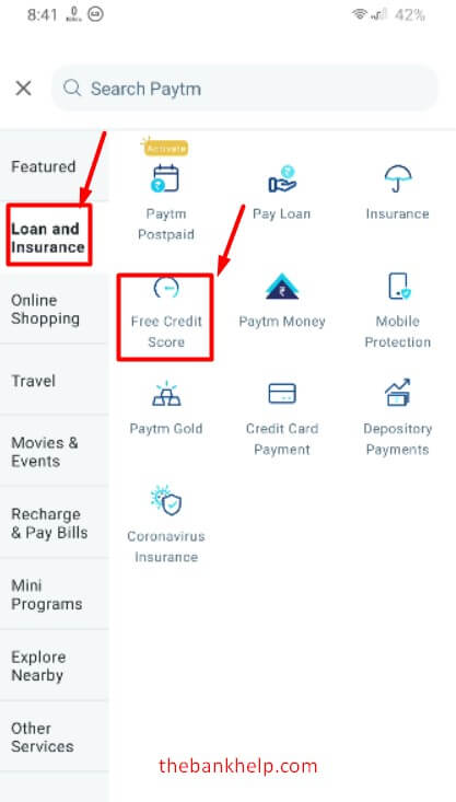 click on free credit score option in paytm app