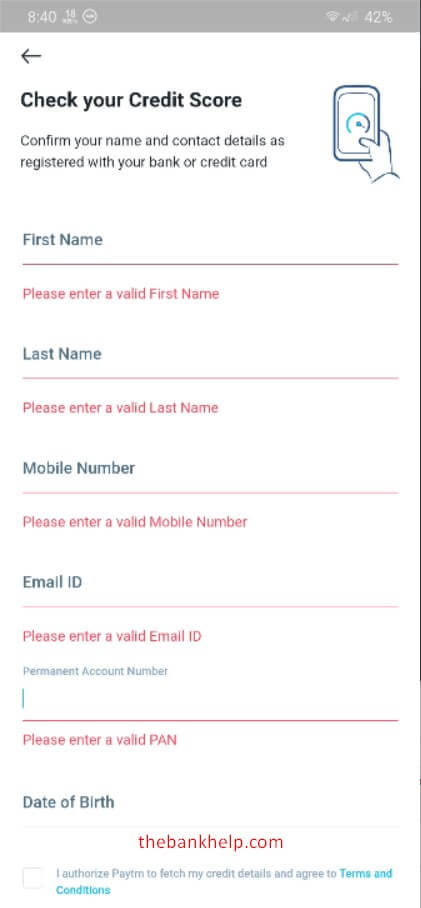 enter details to check cibil in paytm app