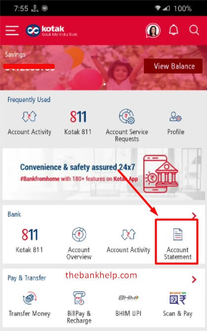select account statement option in kotak 811 app