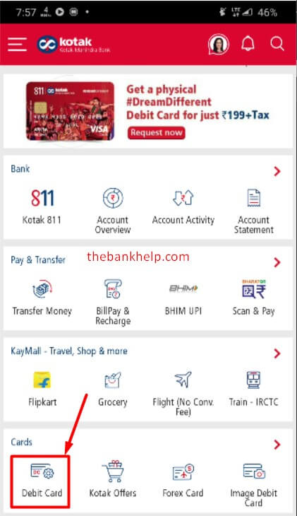 select debit card option in kotak 811 app