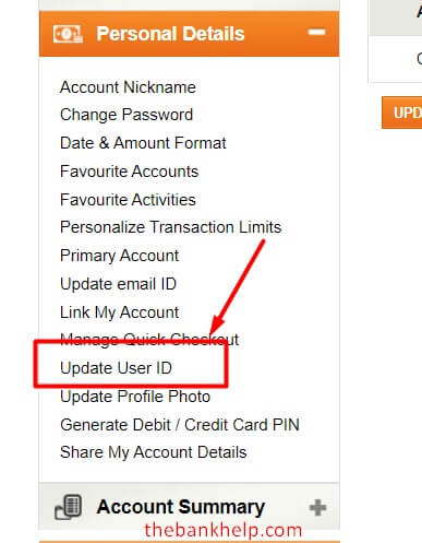 click on update user id option in icici net banking