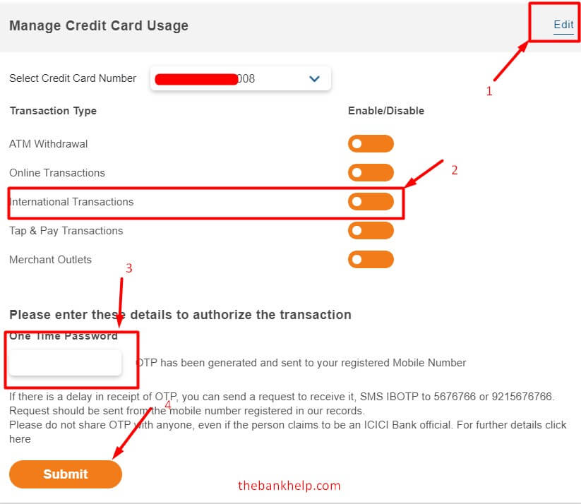 click to enable international transaction on icici credit card