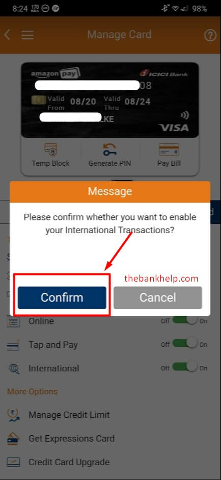 confirm to enable international usage from imobile app