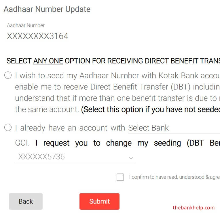 enter aadhar number to update in kotak