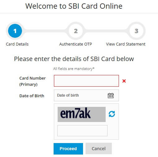 enter sbi card number and dob