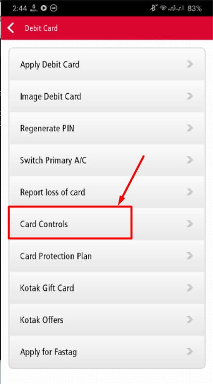 tap on card controls in kotak 811 app