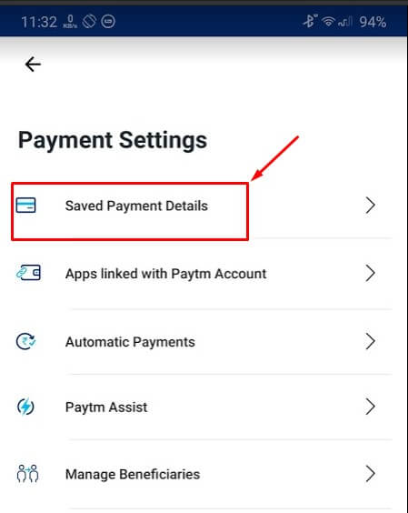 tap on saved payments details on paytm app