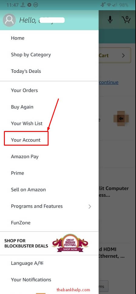 tap on your account option in amazon
