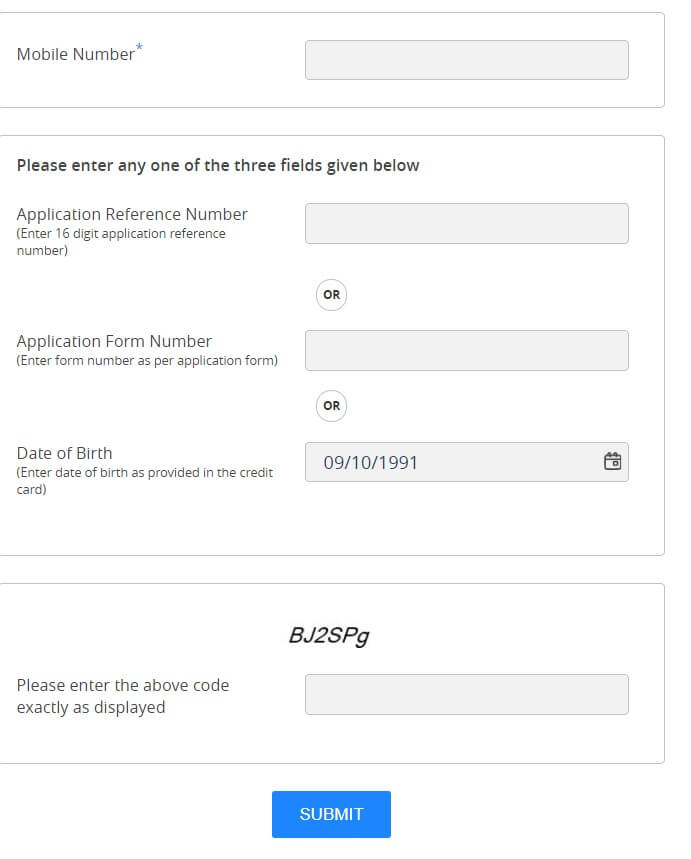enter mobile number and hdfc cc application number