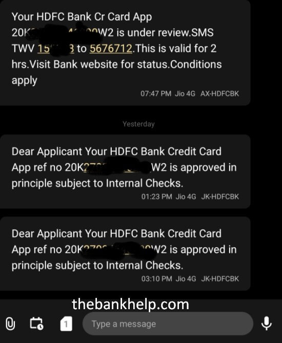 hdfc credit card application status via SMS