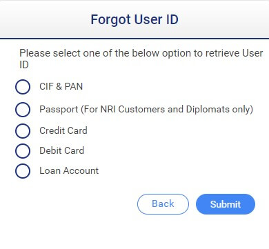 select credit card debit card or cif option to recover user id in rbl