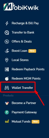 click on wallet transfer in mobikwik