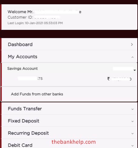 select account number to view mini statement in idfc internet banking