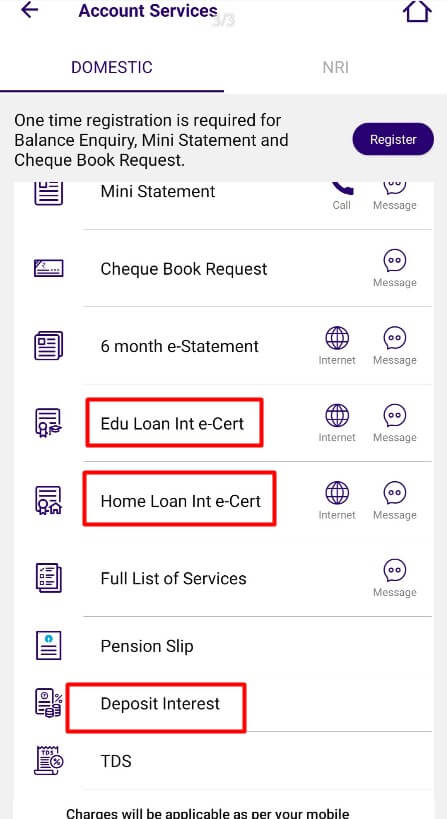 select interest certificate option in sbi quick app