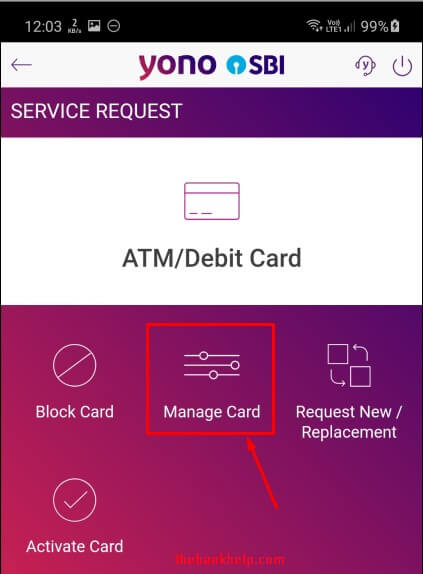 select manage card option in yono app